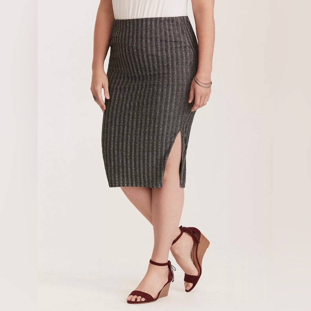 Torrid Silver Metallic Glitter Ribbed Knit Midi Pencil Skirt Side Slit Size 3x